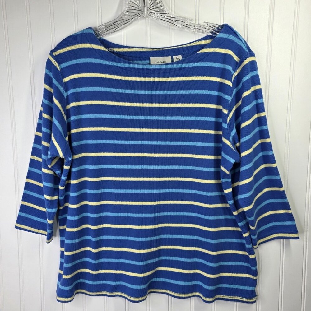 LL Bean Top Womens XL P Blue Stripe Boat Neck 3/4 Sleeve Nautical Casual Shirt